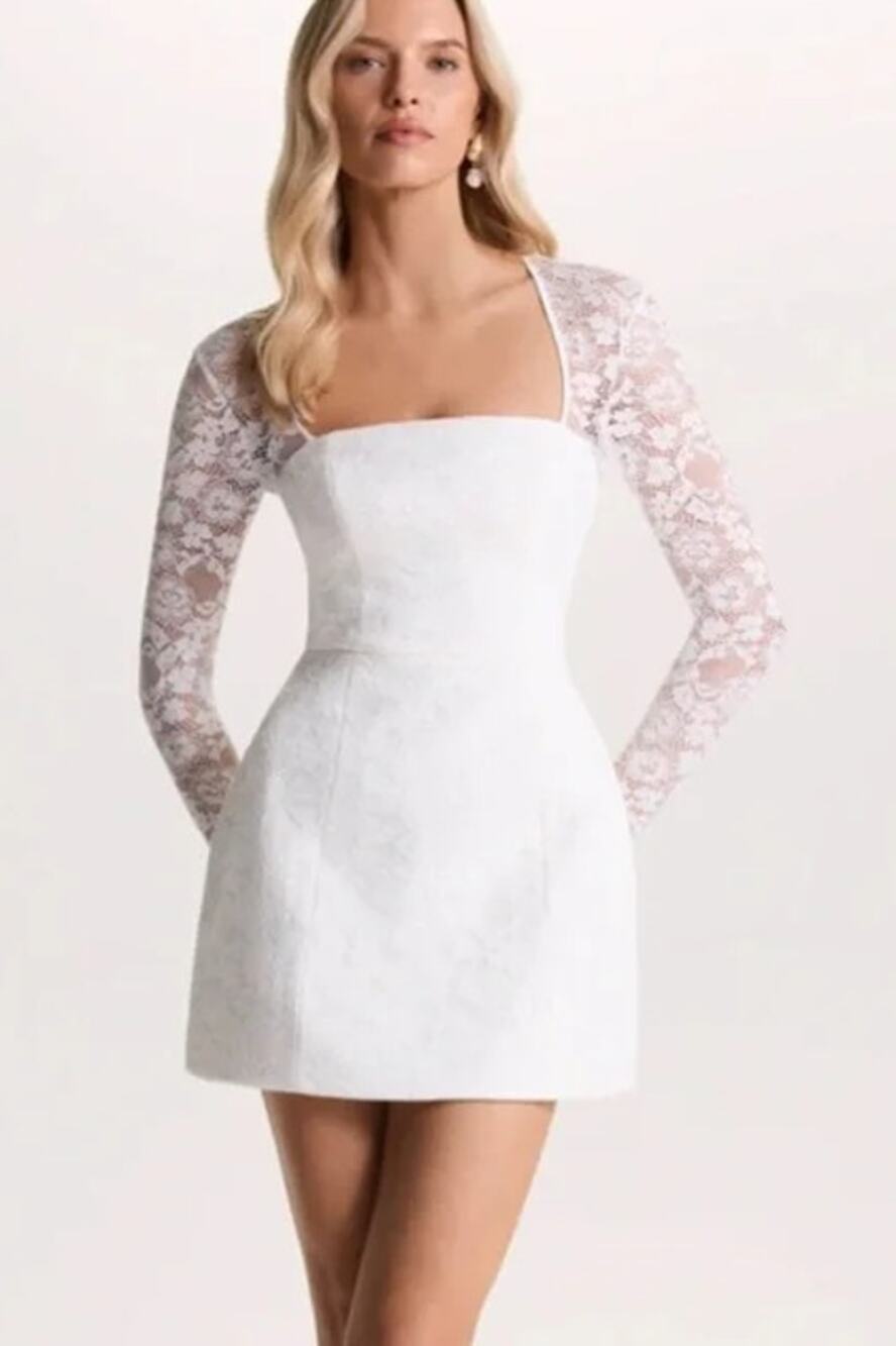 NWT Club L London Bijou Square-Neck Long-Sleeve Lace Mini Dress White Women US 6